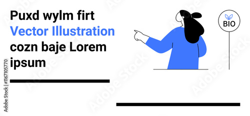 Woman in blue shirt pointing at a bio symbol, positioned next to text blocks with placeholder text. Ideal for eco-friendly, educational, informational, health, sustainability, announcement