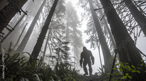Mysterious Sasquatch Silhouette in Foggy Forest with Towering Trees and Soft Natural Light. Enigmatic Wildlife Encounter in Dense Woodland Setting.