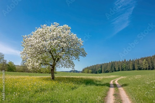 A photograph of an apple tree in full bloom, standing alone on the edge of a green, grassy field with a dirt road leading to it. The blue sky above, with trees and a forest in the background, captured