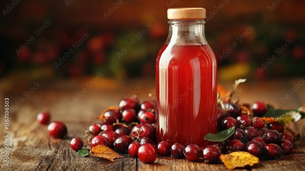 Vibrant cranberry juice in a rustic setting surrounded by fresh berries and autumn leaves evokes a cozy seasonal vibe Vibrant cranberry juice in a rustic setting surrounded by fresh berries and autumn leaves evokes a cozy seasonal vibe