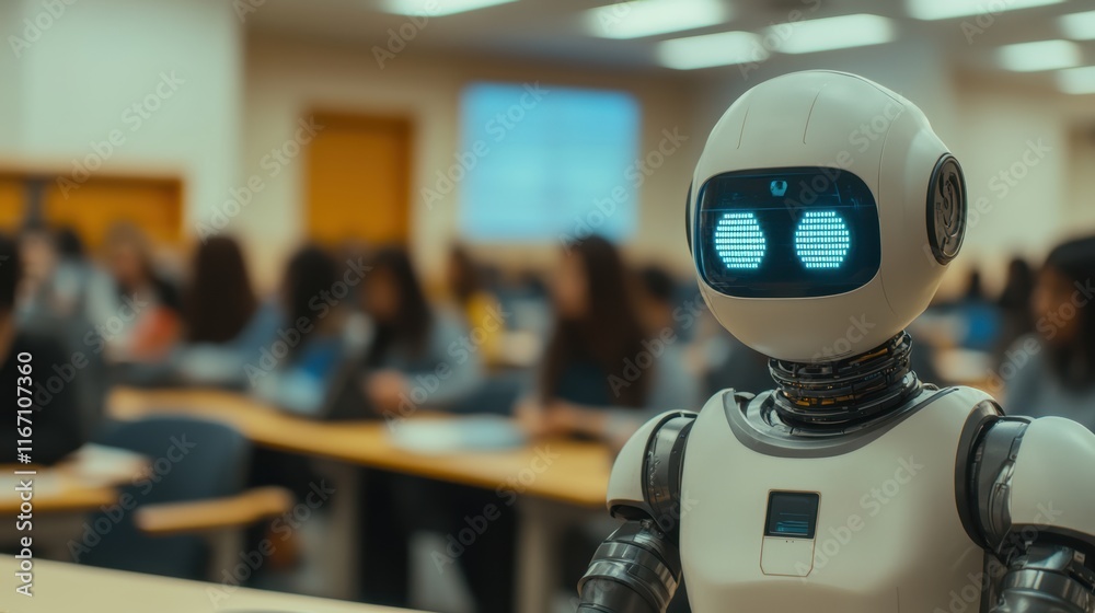 Humanoid robot teacher in hightech college classroom setting Humanoid robot teacher in hightech college classroom setting