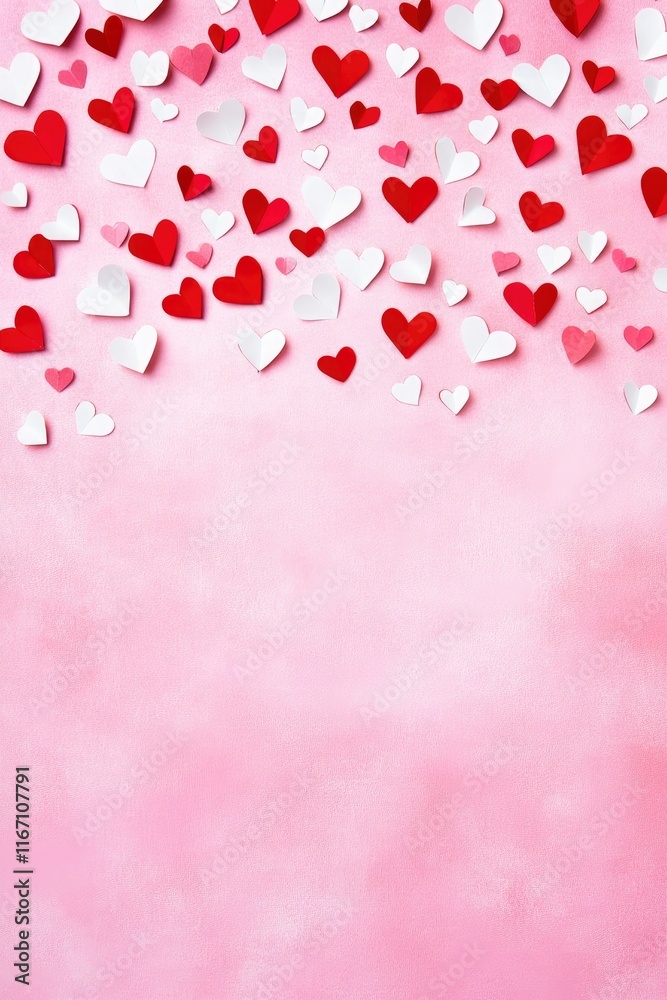 A pink background with red and white paper hearts scattered around it, creating an atmosphere of love for Valentine's Day. The composition is viewed from above, with the left side filled in to create A pink background with red and white paper hearts scattered around it, creating an atmosphere of love for Valentine's Day. The composition is viewed from above, with the left side filled in to create
