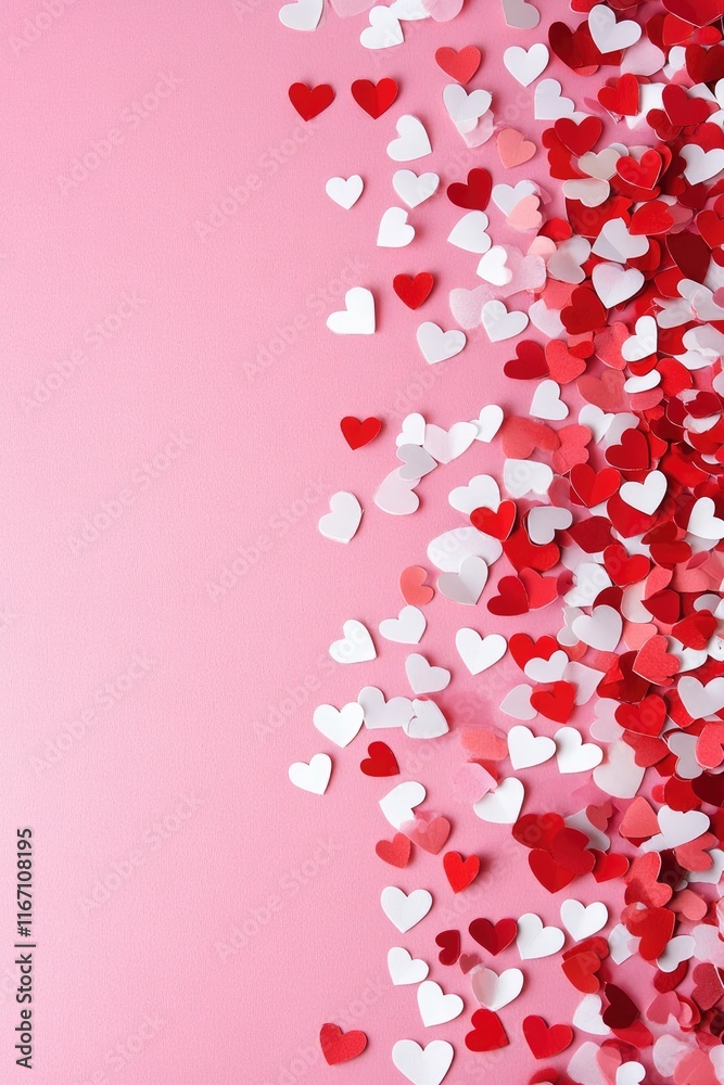 A pink background with red and white paper hearts scattered around it, creating an atmosphere of love for Valentine's Day. The composition is viewed from above, with the left side filled in to create A pink background with red and white paper hearts scattered around it, creating an atmosphere of love for Valentine's Day. The composition is viewed from above, with the left side filled in to create