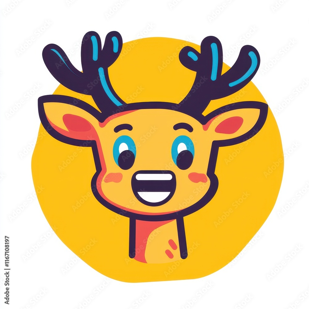 Fototapeta premium Cute and Colorful Cartoon Deer Character with Antlers on a Bright Yellow Background, Perfect for Children's Illustrations and Playful Designs