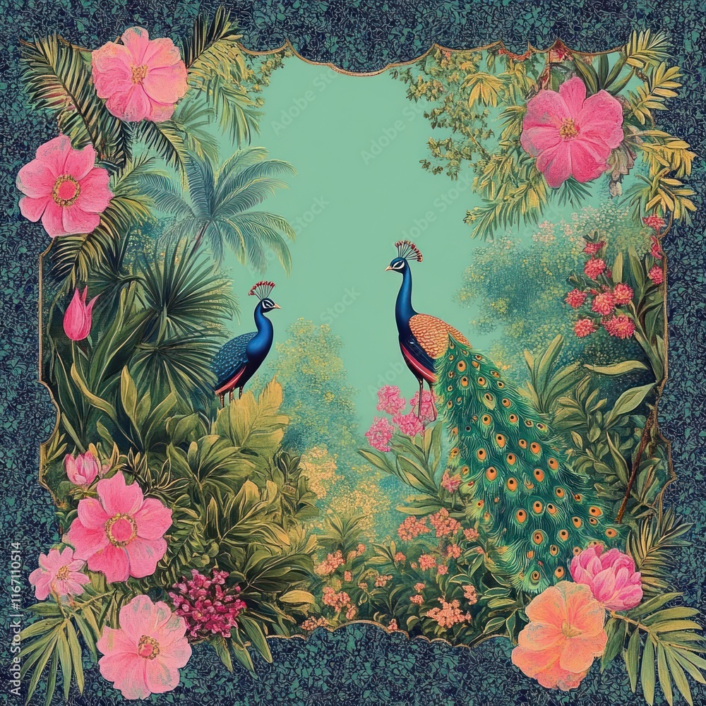 Obraz premium Tropical Garden Scene with Colorful Peacocks and Floral Patterns in Art Nouveau Style for Wedding Invitation