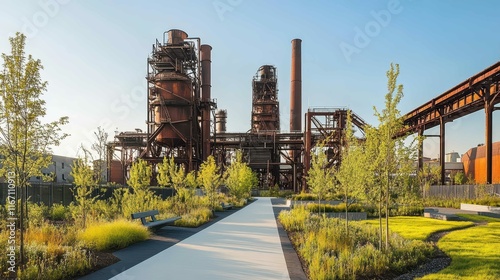 An industrial site transformed into a green park with pathways and trees.