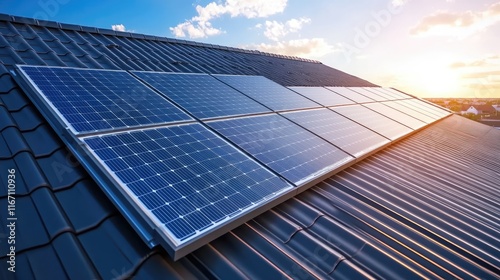 solar panel on pitched roof only, clear blue sky photo