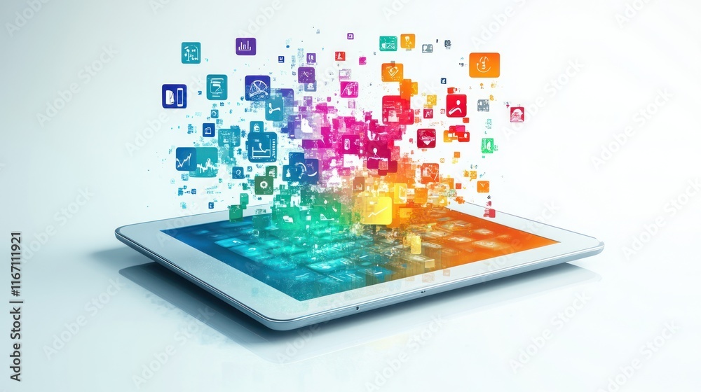 Colorful app icons exploding from tablet. Colorful app icons exploding from tablet.