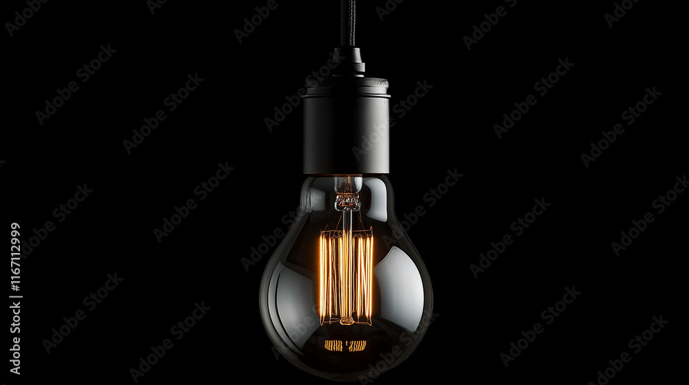 A macro image of a single pendant light bulb with an Edison-style filament, suspended from a black cord. A macro image of a single pendant light bulb with an Edison-style filament, suspended from a black cord.