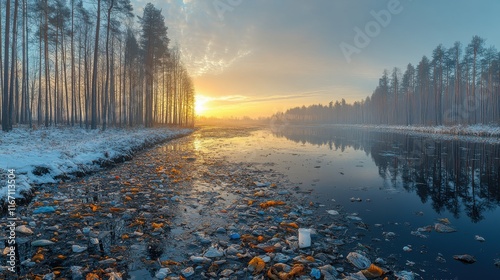 A serene winter landscape marred by pollution along a river at sunset. photo