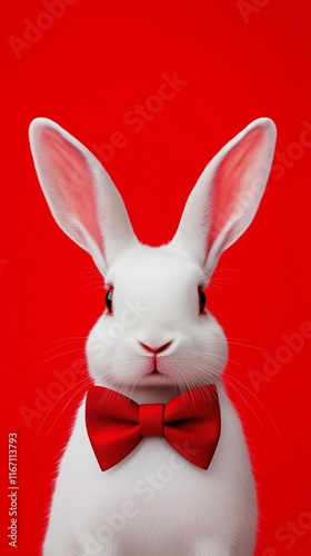 White rabbit wearing a red bow tie, solid color background, front view, cute and dreamy, commercial photography, advertising poster.