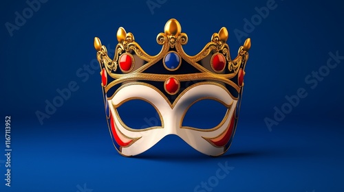 White carnival mask with red and blue jewels and a golden crown above the eye holes, on a royal blue background, front view.