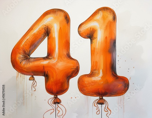 Orange birthday / anniversary balloon, number 41, watercolor painting with white background photo