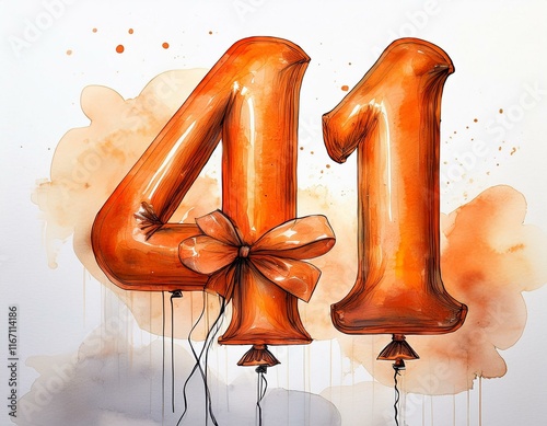 Orange birthday / anniversary balloon, number 41, watercolor painting with white background photo