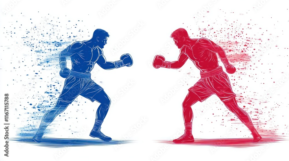Two boxers facing off, blue and red, dynamic action pose, particles. Two boxers facing off, blue and red, dynamic action pose, particles.