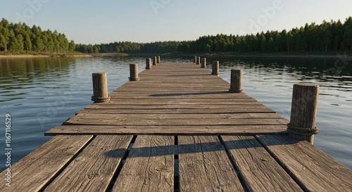 Tranquil Wooden Dock on Serene Lake. Ideal for Relaxation and Nature Themes.