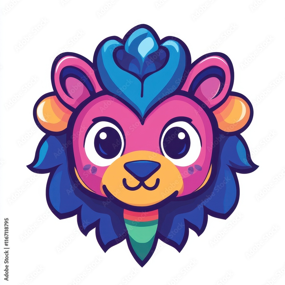 Fototapeta premium Colorful Cartoon Lion Face with Playful Features and Bright Tones Suitable for Children's Products, Illustrations, and Fun Designs