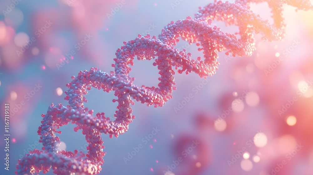 3D DNA helix structure on a light blue gradient background, glowing particles, and volumetric lighting, illustrating a detailed genetic concept in molecular biology. 3D DNA helix structure on a light blue gradient background, glowing particles, and volumetric lighting, illustrating a detailed genetic concept in molecular biology.