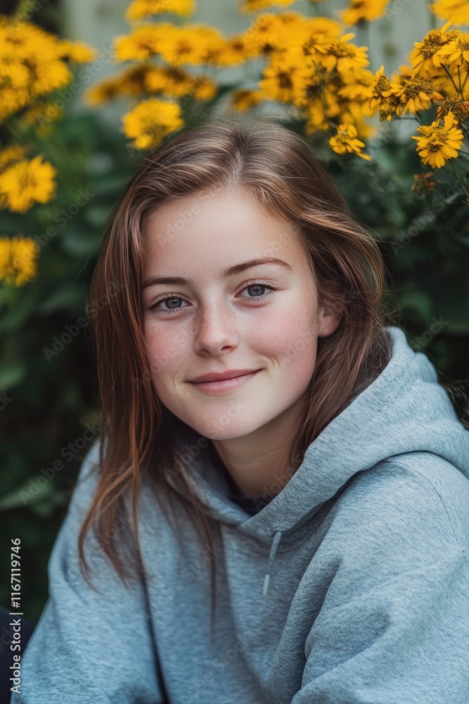 Young Woman Smiling Among Vibrant Yellow Flowers in Nature Setting Young Woman Smiling Among Vibrant Yellow Flowers in Nature Setting