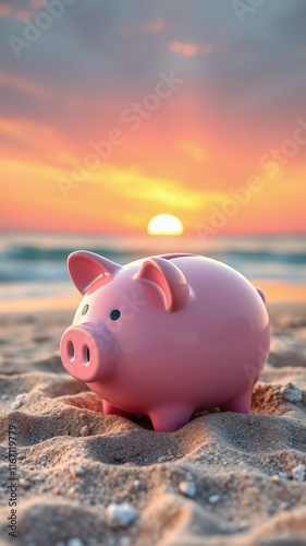 Piggy bank stands on the beach at sunset, overlooking the ocean waves and colorful sky photo