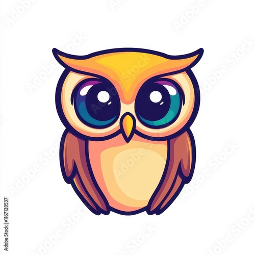 Cute Cartoon Owl with Big Eyes and Colorful Feathers, Perfect for Kids' Illustrations, Educational Materials, and Friendly Designs in Various Projects photo