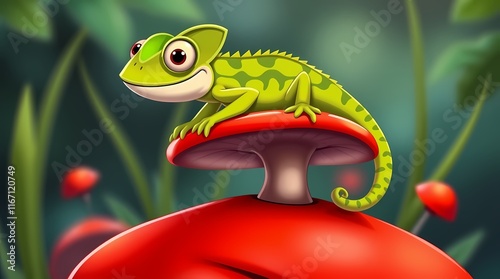 Charming Chameleon on Mushroom: A whimsical illustration of a cheerful chameleon perched atop a vibrant red mushroom in a lush, green forest setting. photo