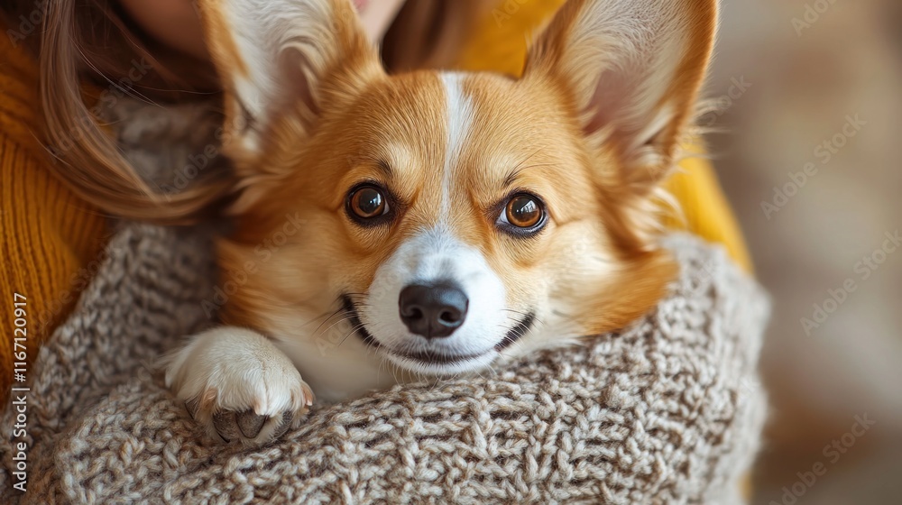 Caring veterinarian cuddling with Pembroke Welsh Corgi dog in blue uniform happy bond after treatment Caring veterinarian cuddling with Pembroke Welsh Corgi dog in blue uniform happy bond after treatment