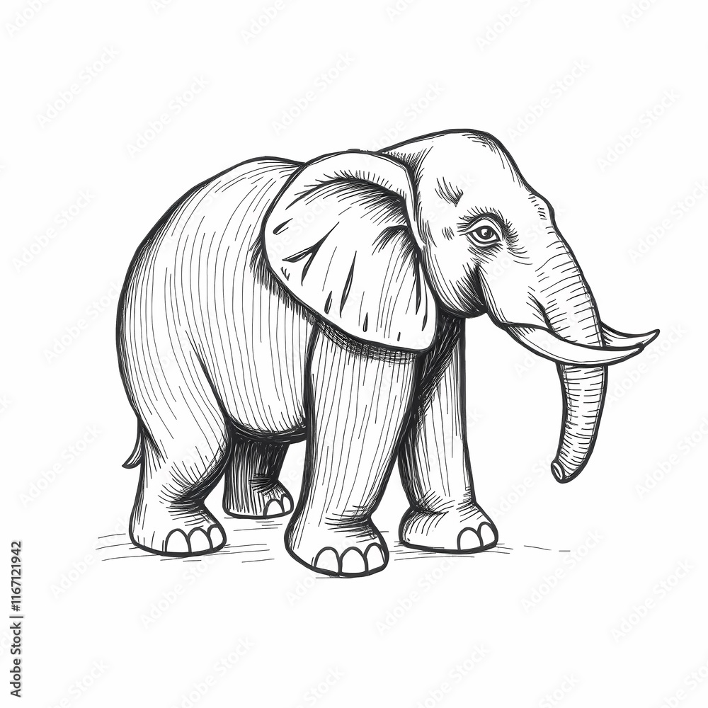 Obraz premium Majestic Elephant Sketch: A detailed hand-drawn illustration of an African elephant, showcasing its powerful presence and gentle nature. Perfect for nature lovers, wildlife enthusiasts.