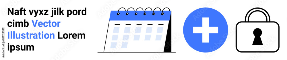 Calendar with spiral binding, blue medical cross inside circle, closed padlock for security. Ideal for healthcare, scheduling, medical appointments, security, data privacy, organization planning Calendar with spiral binding, blue medical cross inside circle, closed padlock for security. Ideal for healthcare, scheduling, medical appointments, security, data privacy, organization planning