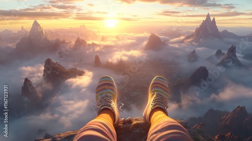 Traveler's legs clad in striped light shoes extend toward a mountain peak above a fog-filled valley with the sun on the horizon photo