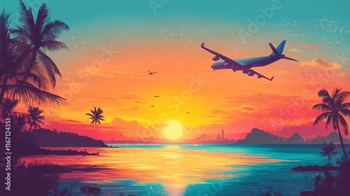 A travel agency promotional poster with exotic destinations and airplanes in vibrant colors