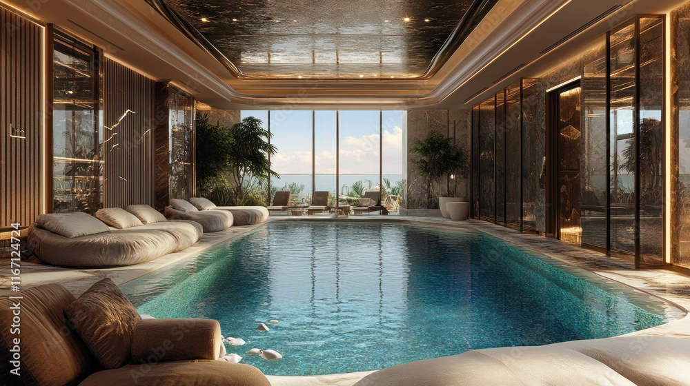 Obraz premium Luxury Indoor Pool with Ocean View: A Tranquil Escape