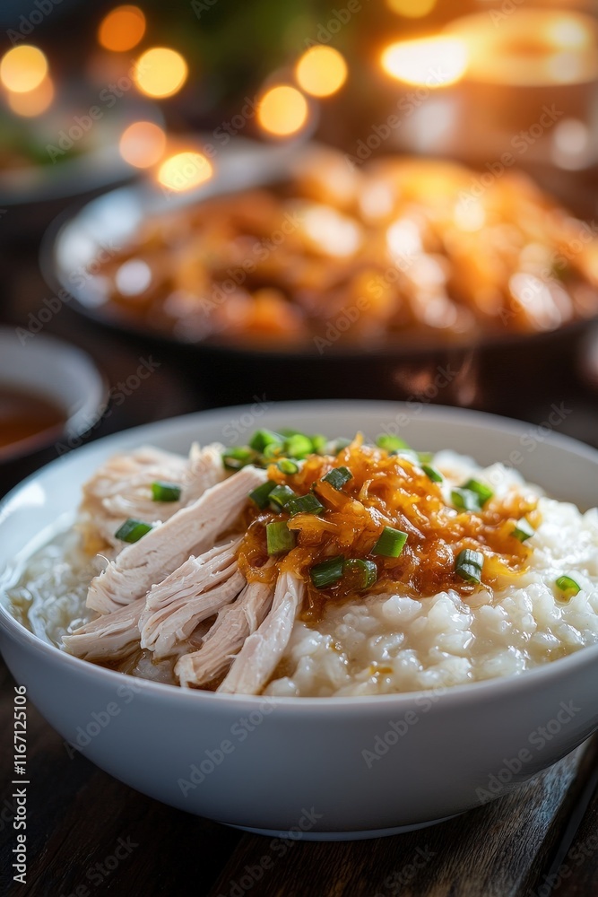 Delicious bowl of creamy rice porridge topped with tender shredded chicken, ginger sauce, and fresh green onions, perfect for a comforting meal or breakfast. Delicious bowl of creamy rice porridge topped with tender shredded chicken, ginger sauce, and fresh green onions, perfect for a comforting meal or breakfast.