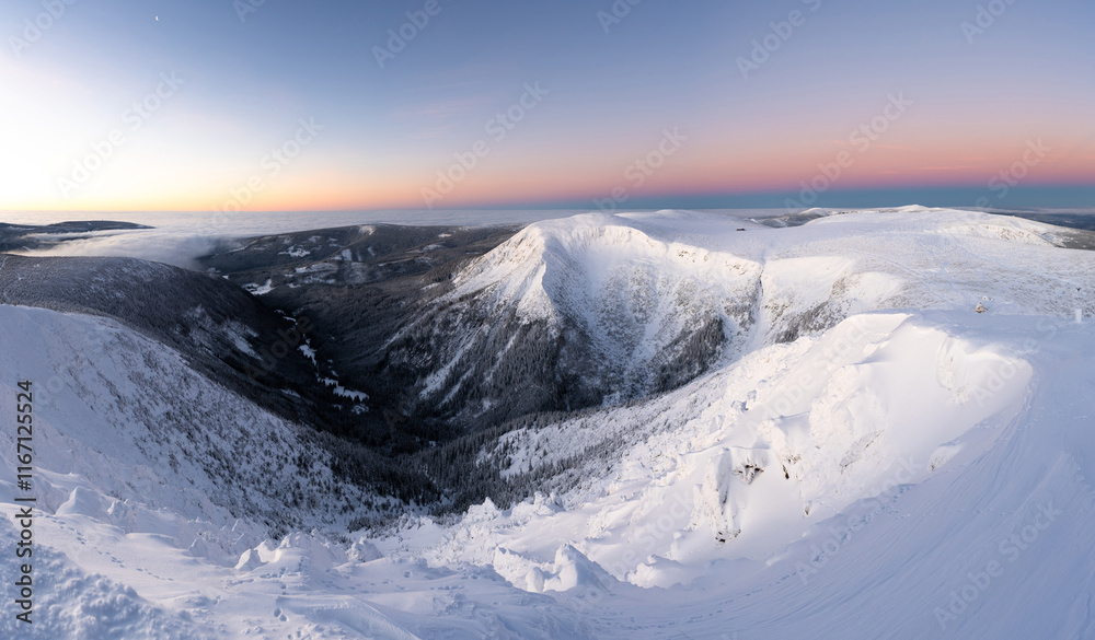 panoramic view on Obri dul valley in Krkonose mountains at sunrise in Czech republic