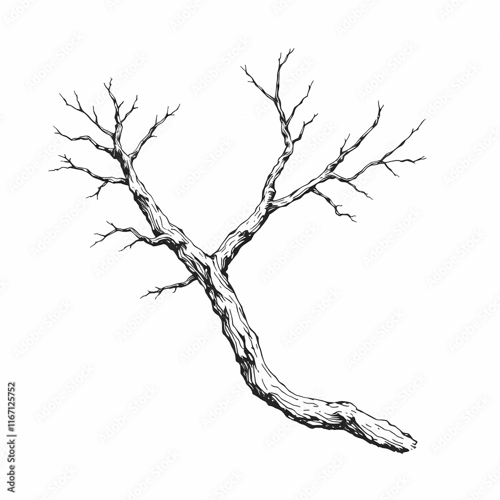 Fototapeta premium Bare Branch Sketch: Elegant line art of a gnarled, leafless branch, perfect for minimalist designs and nature-inspired projects.