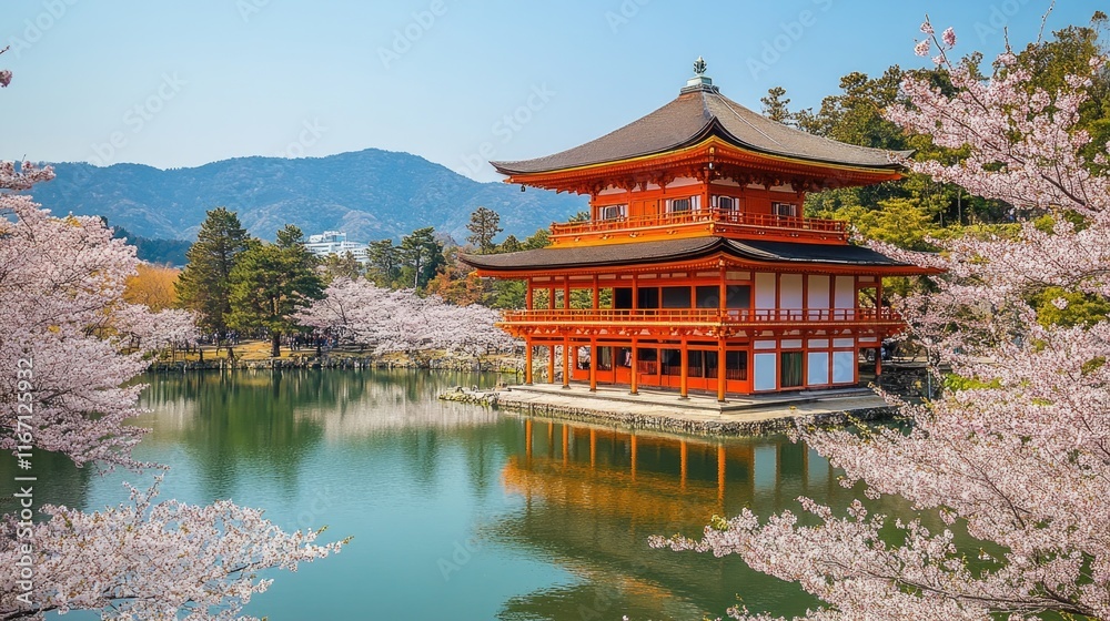 Cherry blossoms surround a traditional Japanese temple reflecting in serene waters on a sunny day Cherry blossoms surround a traditional Japanese temple reflecting in serene waters on a sunny day