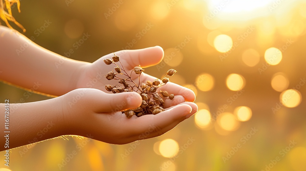 Child's hands holding seeds at sunset. Child's hands holding seeds at sunset.