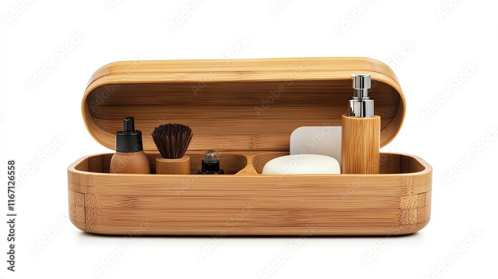 Bamboo storage box with grooming essentials on white background. Bamboo storage box with grooming essentials on white background.