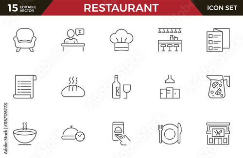 Set of outline icons related to restaurant, cafe, bistro. Linear icon collection. Editable stroke. Vector illustration.