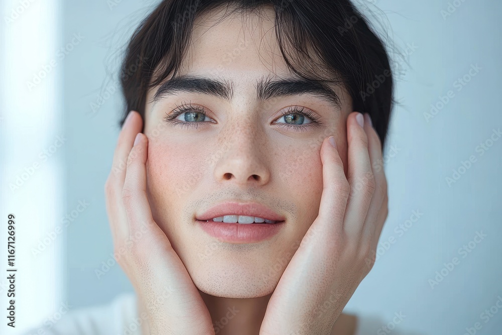 Close-up of a Young Man Applying Skincare with Hands on Cheeks in Natural Light Close-up of a Young Man Applying Skincare with Hands on Cheeks in Natural Light
