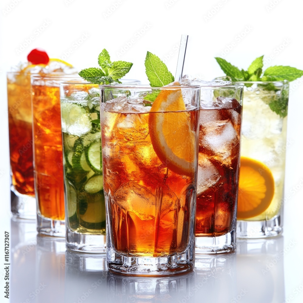 Refreshing iced beverages arranged beautifully with fresh ingredients and garnishes Refreshing iced beverages arranged beautifully with fresh ingredients and garnishes