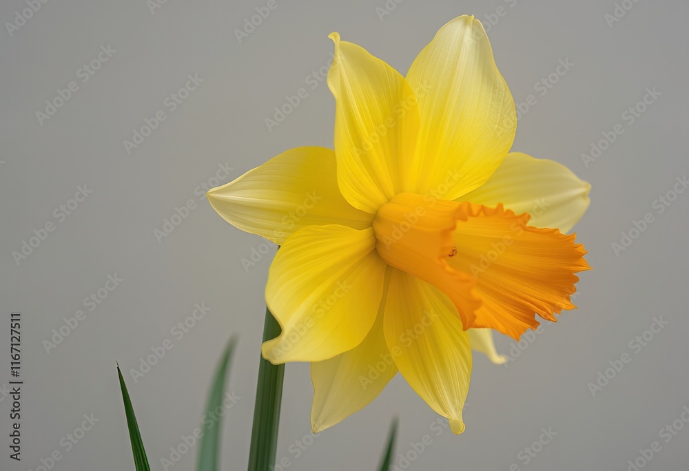 Obraz premium Yellow daffodil with orange trumpet on neutral background.
