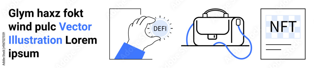 Obraz premium Hand holding DeFi coin, crypto wallet with connection cable, and NFT document. Ideal for blockchain, cryptocurrency, financial technology, digital assets, online security, fintech services
