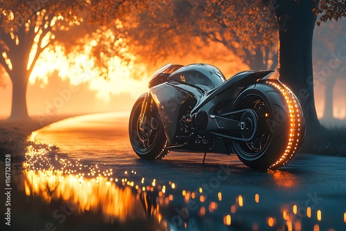 A futuristic motorcycle rests on grass beside a highway. Futuristic lights dot the ground. In the background, sunlight illuminates trees and a lake, blending technology with nature, perfect for ads. photo