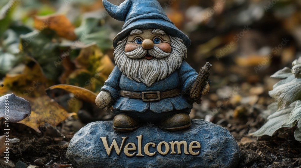 Charming garden gnome stands proudly holding a lantern in a vibrant autumn garden filled with colorful leaves Charming garden gnome stands proudly holding a lantern in a vibrant autumn garden filled with colorful leaves