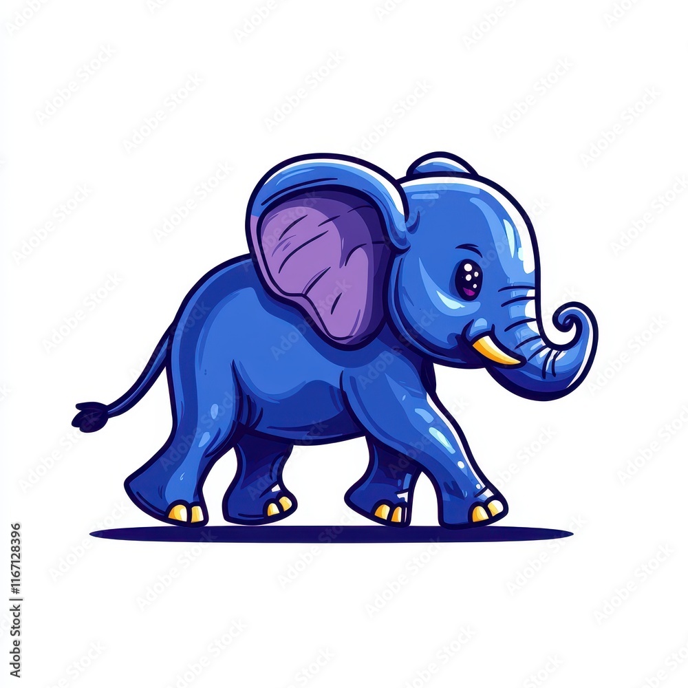 Obraz premium Cute Cartoon Elephant with Blue Color and Cheerful Expression, Perfect for Children's Designs and Educational Materials, Celebrating Wildlife and Nature in Playful Way