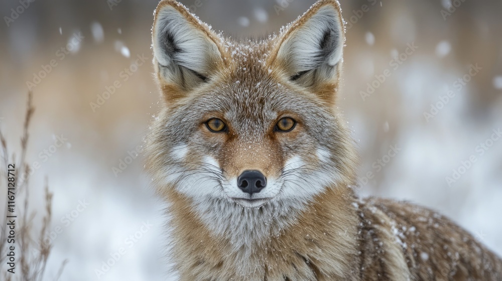 Coyote stands in snowy landscape with snowflakes falling in a tranquil natural setting Coyote stands in snowy landscape with snowflakes falling in a tranquil natural setting