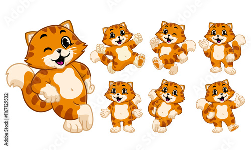 Cartoon Character Set of Happy Fat Orange Cat