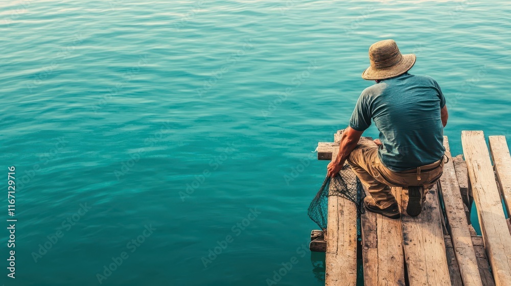 Fototapeta premium Fisherman mending a net on a wooden pier, deliberate movements embodying routine, patience, waiting, stability
