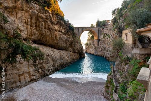 Fiordo di Furore, the characteristic bridge that overlooks the beach on the Amalfi Coast. Italy